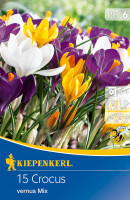 Produktbild von Kiepenkerl Großblumiger Krokus Mischung mit Blüten in Weiß, Gelb und Violett und Verpackungsdesign mit Produktinformationen. Produktbild von Kiepenkerl Großblumiger Krokus Mischung mit Blüten in Weiß, Gelb und Violett und Verpackungsdesign mit Produktinformationen.