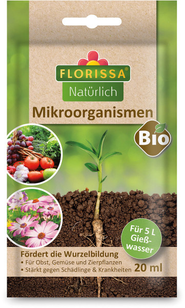 Produktbild von Florissa Mikroorganismen Sachet 20ml mit Hinweisen zur Förderung der Wurzelbildung für Obst Gemüse und Zierpflanzen sowie Informationen zur Anwendung und Bio Kennzeichnung.