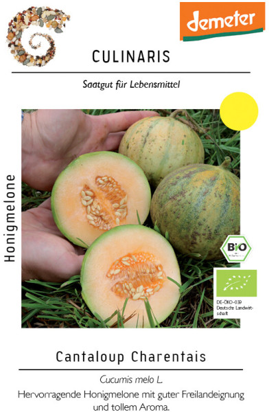 Produktbild von Culinaris BIO Honigmelone Cantaloup Charentais mit ganzen und halbierten Melonen auf Gras, Demeter-Logo und Informationen zu biologischer Landwirtschaft in deutscher Sprache.