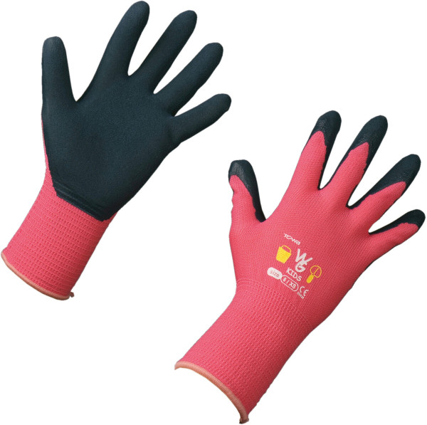 Produktbild von zwei pinken Freund Victoria Kinderhandschuhen Kids 8-11 mit schwarzen Handflächen und Markenlogo.