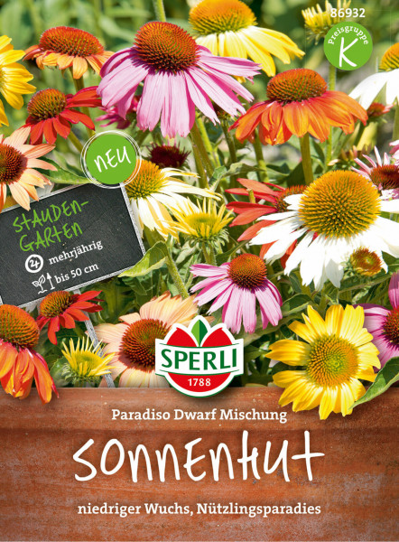 Produktbild von Sperli Sonnenhut Paradiso Dwarf Mischung mit bunten Blumen und Verpackungsdetails auf Deutsch.