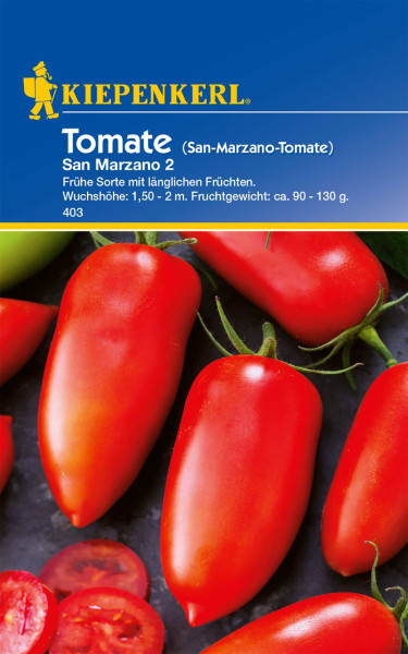 Produktbild von Kiepenkerl San-Marzano-Tomate San Marzano 2 mit Abbildung roter länglicher Tomaten und Verpackungsdesign mit Markenlogo und Produktinformationen auf Deutsch.