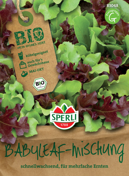 Produktbild von Sperli BIO Babyleaf-Mischung mit einer Darstellung frischer Babyleafsalate im Hintergrund und einer Packung mit Kennzeichnungen für biologisches Saatgut sowie Anbaueignung von Mai bis Oktober.