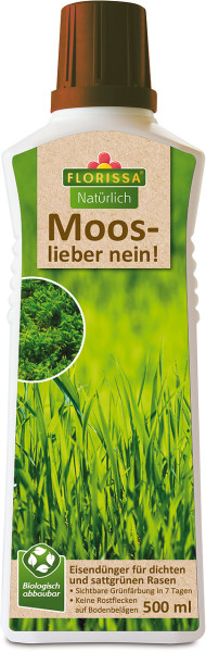 Produktbild von Florissa Moos lieber nein! 500ml, eine Flasche mit grünem Rasen auf dem Etikett, Hinweisen zu biologischer Abbaubarkeit und Informationen zu Eisen für dichten und sattgrünen Rasen.