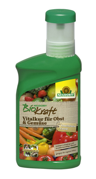 Produktbild von Neudorff BioKraft Vitalkur für Obst und Gemüse 300ml Flasche mit Etikett das Anwendungshinweise und Illustrationen verschiedener Obst und Gemüsesorten zeigt.