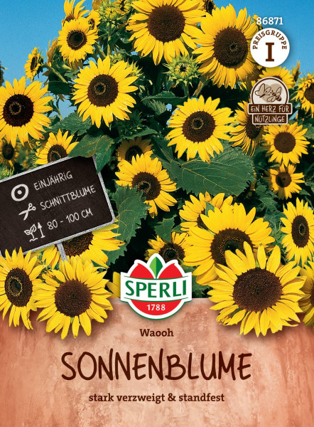 Produktbild von Sperli Sonnenblume Waooh mit Darstellung zahlreicher blühender Sonnenblumen und Verpackungsinformationen wie Einjährigkeit Schnittblume und Größenangabe sowie Markenlogo und Qualitätshinweisen in deutscher Sprache