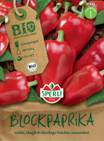 Produktbild von Sperli BIO Blockpaprika mit roten Paprikafrüchten und Informationen zu Gewicht, Erntezeit und Eignung zum Kübelanbau auf Deutsch.