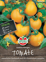 Produktbild von Sperli Stabtomate Goldene Königin Saatgut Verpackung mit gelben Tomaten und Produktinformationen in deutscher Sprache samt Preisgruppe und Logo. Produktbild von Sperli Stabtomate Goldene Königin Saatgut Verpackung mit gelben Tomaten und Produktinformationen in deutscher Sprache samt Preisgruppe und Logo.