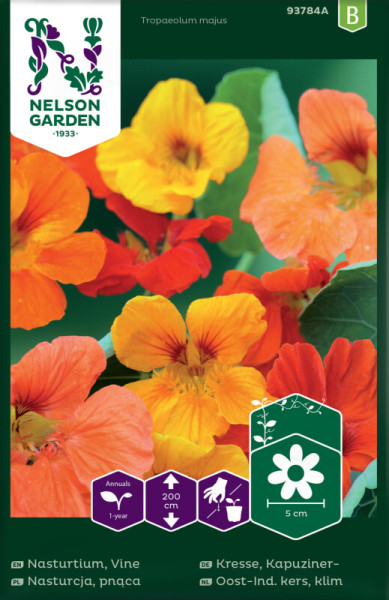 Produktbild der Nelson Garden Kapuzinerkresse Saatgutverpackung mit Abbildungen blühender Pflanzen und Piktogrammen für Pflanzenmerkmale.