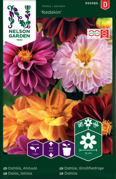 Produktbild von Nelson Garden Großfiedrige Dahlie Redskin mit Abbildungen verschiedener farbiger Dahlienblüten und der Auszeichnung Fleuroselect Goldmedaille.