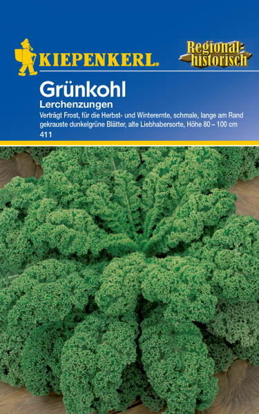 Produktbild von Kiepenkerl Grünkohl Lerchenzungen mit Beschreibung zur Frostverträglichkeit und Wuchshöhe sowie Abbildung der krausen dunkelgrünen Blätter.