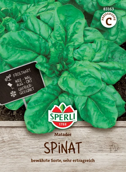 Produktbild von Sperli Spinat Matador mit Abbildung der Spinatblätter und Verpackungsinformationen wie Aussaathinweise und Markenlogo in deutscher Sprache.