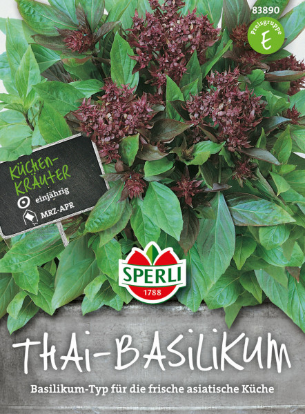 Produktbild von Sperli Thai-Basilikum mit frischen grünen und violetten Blättern Preisgruppe und Hinweis auf Einjährigkeit sowie Aussaatzeit März bis April