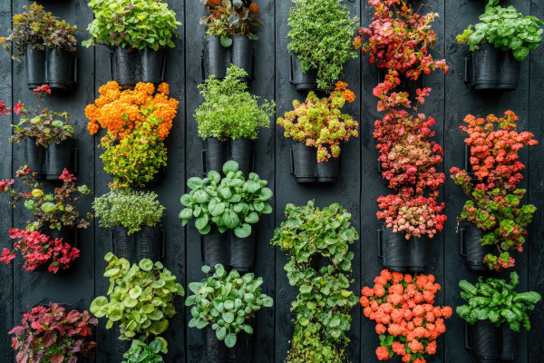 large-colorful-plants-growing-in-vertical-garden-on-black-wall