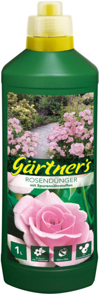 Produktbild von Gärtners Rosendünger in einer 1 Liter Flasche mit Dosierer und Darstellung einer rosafarbenen Rose sowie Gartenansicht.