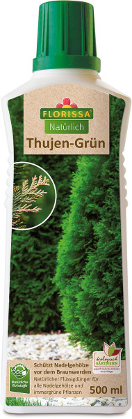 Produktbild von Florissa Thujen-Grün 500ml mit Informationen zum Schutz von Nadelgehölzen vor dem Braunwerden und Hinweis auf natürliches Rohstoffe und biologisches Gärtnern.