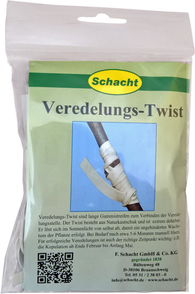 Produktbild von Schacht Veredelungs-Twist 50g mit Informationen und Anleitungen für die Verwendung bei Pflanzenveredelungen in deutscher Sprache.