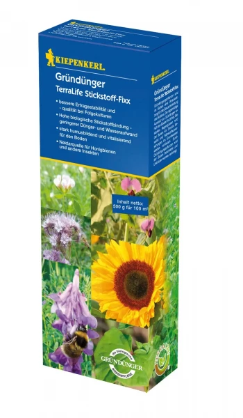 Produktbild von Kiepenkerl TerraLife Stickstoff-Fixx 0, 5, kg Düngemittelverpackung mit Produktvorteilen und Abbildungen von blühenden Pflanzen und Insekten