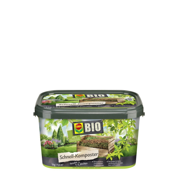 Produktbild von COMPO BIO Schnell-Komposter in einer 3kg Plastikwanne mit Markenlogo und Bildern eines Komposthaufens sowie Gartenszenen im Hintergrund
