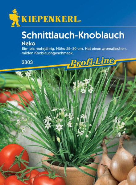 Produktbild von Kiepenkerl Schnittknoblauch Neko in einem Topf neben Tomaten und Zwiebeln mit Produktinformationen und Anbauhinweisen auf Deutsch.
