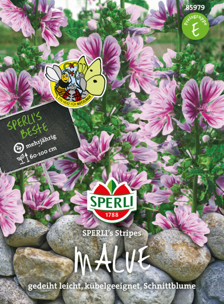 Produktbild von Sperli Malve SPERLIs Stripes mit rosa-weißen Blüten Informationen zu Mehrjährigkeit Wuchshöhe und Hinweis auf Eignung als Schnittblume sowie Sperli Logo und Preisgruppenhinweis.