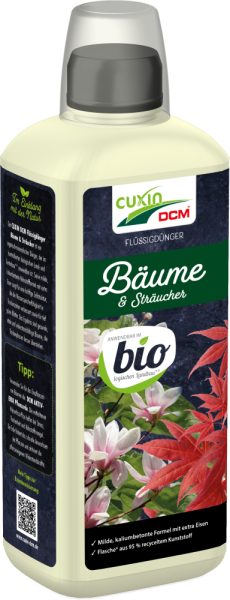 Produktbild von Cuxin DCM Flüssigdünger Bäume & Sträucher 0, 8, l Flasche mit Produktinformationen und Anwendbar im Bio-Landbau Siegel.