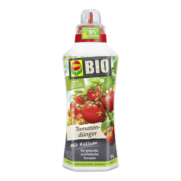 Produktbild von COMPO BIO Tomatendünger 1l Flasche mit Hinweisen zu Inhaltsstoffen und Anwendungsgebieten auf Deutsch.
