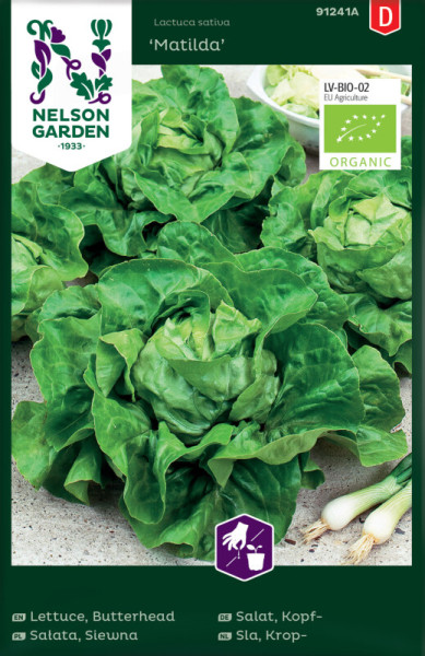 Produktbild von Nelson Garden BIO Kopfsalat Matilda mit der Abbildung von reifen Salatkopfen und Verpackungsdesign, welches Bio-Zertifizierungen und Produktinformationen in verschiedenen Sprachen zeigt.