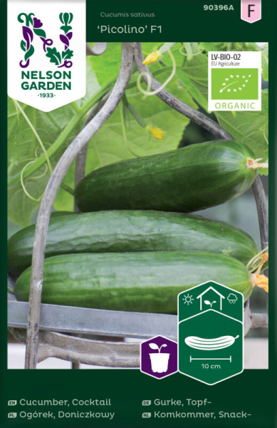 Produktbild von Nelson Garden BIO Topfgurke Picolino F1 mit reifen Gurken an der Pflanze Hinweisen zu Bio-Zertifizierung und mehrsprachigen Produktinformationen.