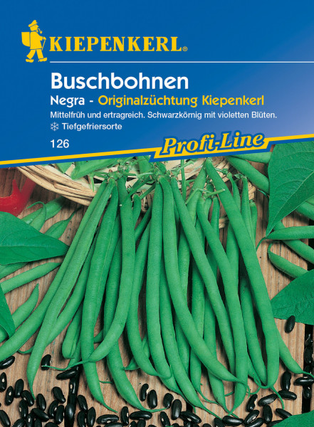 Produktbild von Kiepenkerl Buschbohne Negra mit Darstellung von grünen Bohnen und schwarzen Samen auf Holzuntergrund sowie Verpackungsdesign mit Produktinformationen in deutscher Sprache.
