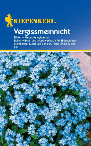 Produktbild von Kiepenkerl Vergissmeinnicht Blau mit Pflanzenbeschreibung und blühenden blauen Blumen.