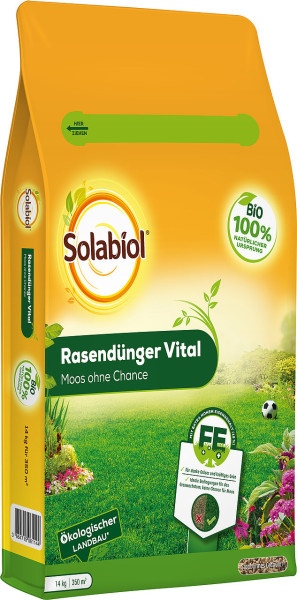 Produktbild von Solabiol Rasendünger Vital-Moos ohne Chance in einer 14kg Packung mit Hinweisen auf biologischen Ursprung und ökologischen Landbau sowie Dosierungsempfehlungen.