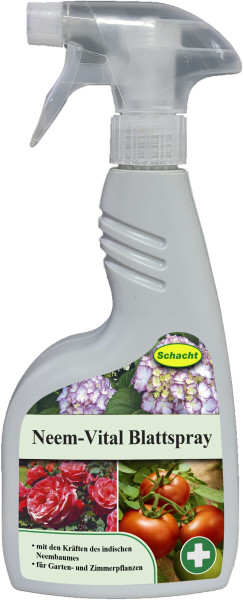 Produktbild von Schacht Neem-Vital Blattspray 500ml Pumpsprühflasche mit Aufdruck von Pflanzenbildern und Produktinformationen auf Deutsch.