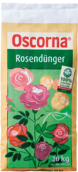 Produktbild von Oscorna-Rosenduenger 20kg Verpackung mit Abbildung verschiedenfarbiger Rosen und Hinweis auf 100 Prozent natuerliche Rohstoffe.