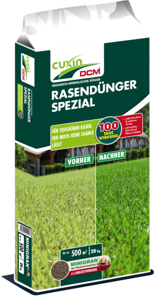 Produktbild von Cuxin DCM Rasendünger Spezial Minigran 20kg mit Informationen zur 100 Tage Wirkung und Darstellung der Rasenverbesserung vor und nach der Anwendung