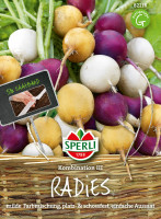 Produktbild von Sperli Radies Kombination III Saatband mit mehrfarbigen Radieschen und Packungshinweis auf einfache Aussaat und Schossfestigkeit Produktbild von Sperli Radies Kombination III Saatband mit mehrfarbigen Radieschen und Packungshinweis auf einfache Aussaat und Schossfestigkeit