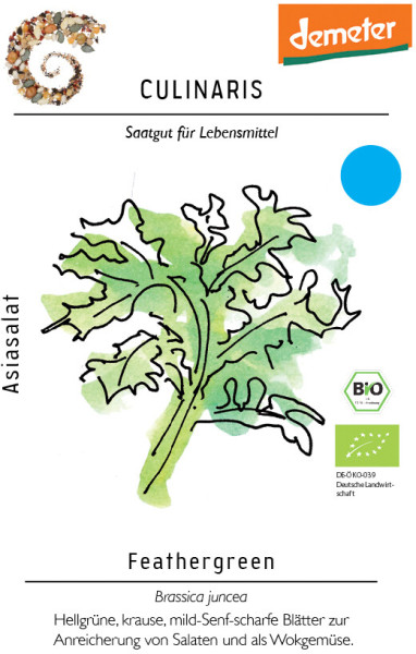 Produktbild von Culinaris BIO Asiasalat Feathergreen mit Zeichnung des Salats und Informationen zum biologischen Saatgut, Demeter-Siegel und Hinweisen zur Verwendung.