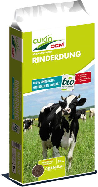 Produktbild von Cuxin DCM Rinderdung Granulat 20kg Verpackung mit Bild einer Kuh auf einer Wiese und Produktinformationen in deutscher Sprache.