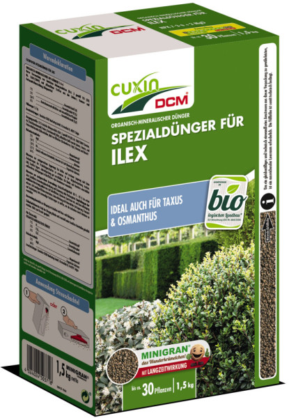 Produktbild von Cuxin DCM Spezialdunger fur Ilex Minigran in einer 1, 5, kg Streuschachtel mit Hinweisen zur Anwendung und Angaben zu biologischem Anbau.
