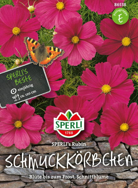 Produktbild von Sperli Schmuckkörbchen SPERLIs Rubin mit pinken Blüten, Schmetterling, Preisschild und Markenlogo über Steinhintergrund.