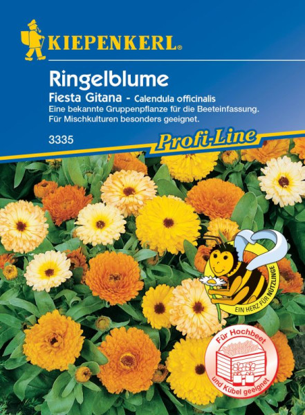 Produktbild von Kiepenkerl Ringelblume Fiesta Gitana mit Abbildung bunter Blüten und Informationen zur Pflanzensorte sowie Hinweisen zur Eignung für Hochbeete und Kübel.