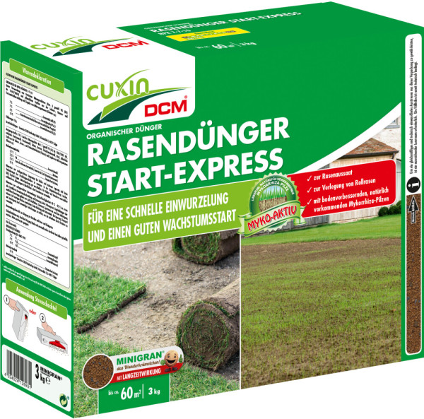 Produktbild von Cuxin DCM Rasendünger Start-Express Minigran 3kg in einer grünen Streuschachtel mit Produktinformationen und Anwendungshinweisen in deutscher Sprache.