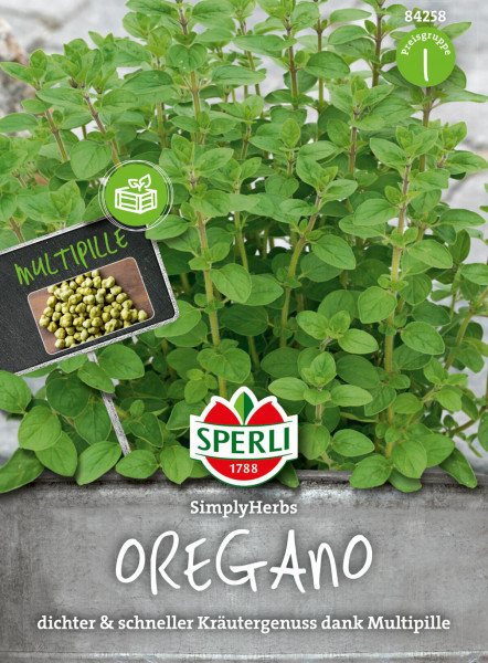 Produktbild von Sperli Oregano SimplyHerbs mit Darstellung von Oreganopflanzen und Verpackungsaufdruck für schnellen und dichten Kräutergenuss.