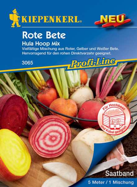 Produktbild von Kiepenkerl Rote Bete Hula Hoop Mix Saatband mit Abbildung verschiedenfarbiger Rote Bete Knollen und Angaben zur Sorte, Eignung für Hochbeet und Kübel, sowie Verpackungsinformationen.
