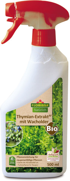 Produktbild von Florissa Thymian-Extrakt AF mit Wacholder in einer 500ml Sprühflasche zur Pflanzenstärkung und Informationen zum biologischen Gärtnern.