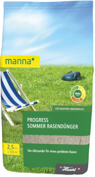 Produktbild von MANNA Progress Sommer Rasendünger 2, 5, kg Packung mit Markenlogo, Liegestuhl und Rasenmäher auf grünem Rasen, Hinweis auf Eignung für Haustiere und Qualitätssiegel.