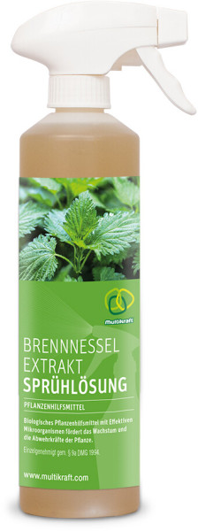 Produktbild von Multikraft Brennnessel Extrakt Sprühflasche 500ml mit Etikettierung und Informationen über biologisches Pflanzenhilfsmittel in deutscher Sprache.