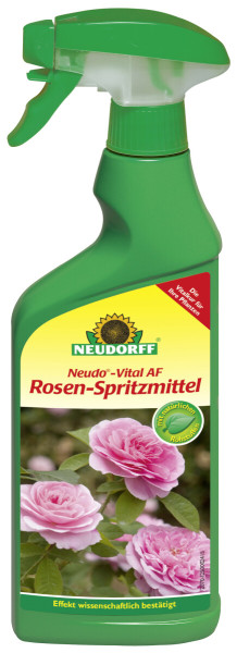 Produktbild von Neudorff Neudo-Vital AF Rosen-Spritzmittel in einer 500ml Handsprühflasche mit Abbildung von Rosen und Hinweisen zur Anwendung.