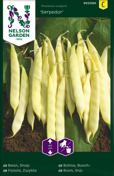 Produktbild Nelson Garden Buschbohne Serpedor mit gelben Bohnen auf Blattuntergrund und Informationen wie Pflanzabstand und Aussaatzeit in mehreren Sprachen.