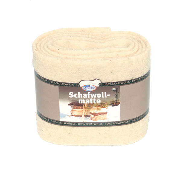 Produktbild von aufgerolltem Videx Schafwoll Wickelband in weiß mit Etikett das die Verwendung als Schafwollmatte zeigt.